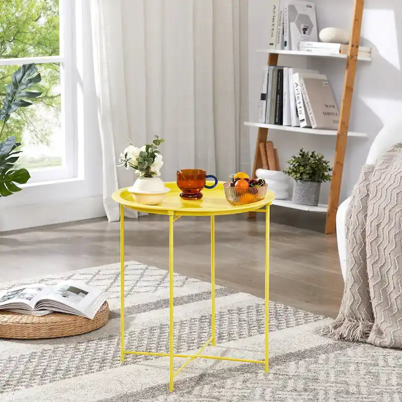 Table d'appoint/de chevet VECELO, ronde et pliante, en métal antirouille et imperméable, pour salon, chambre ou table de nuit.-12