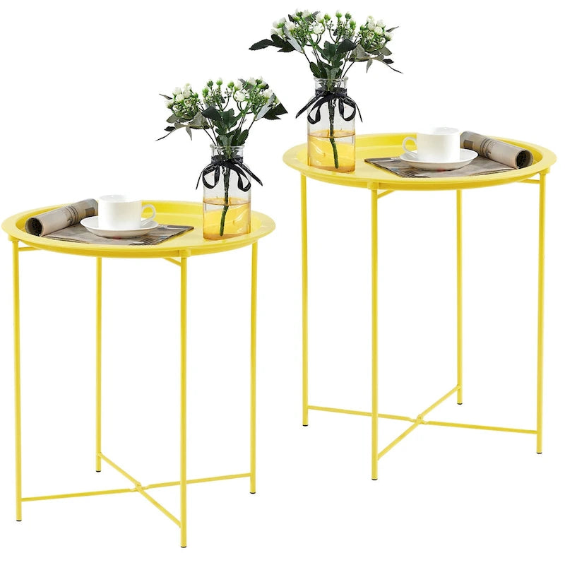 Table d'appoint/de chevet VECELO, ronde et pliante, en métal antirouille et imperméable, pour salon, chambre ou table de nuit.-14