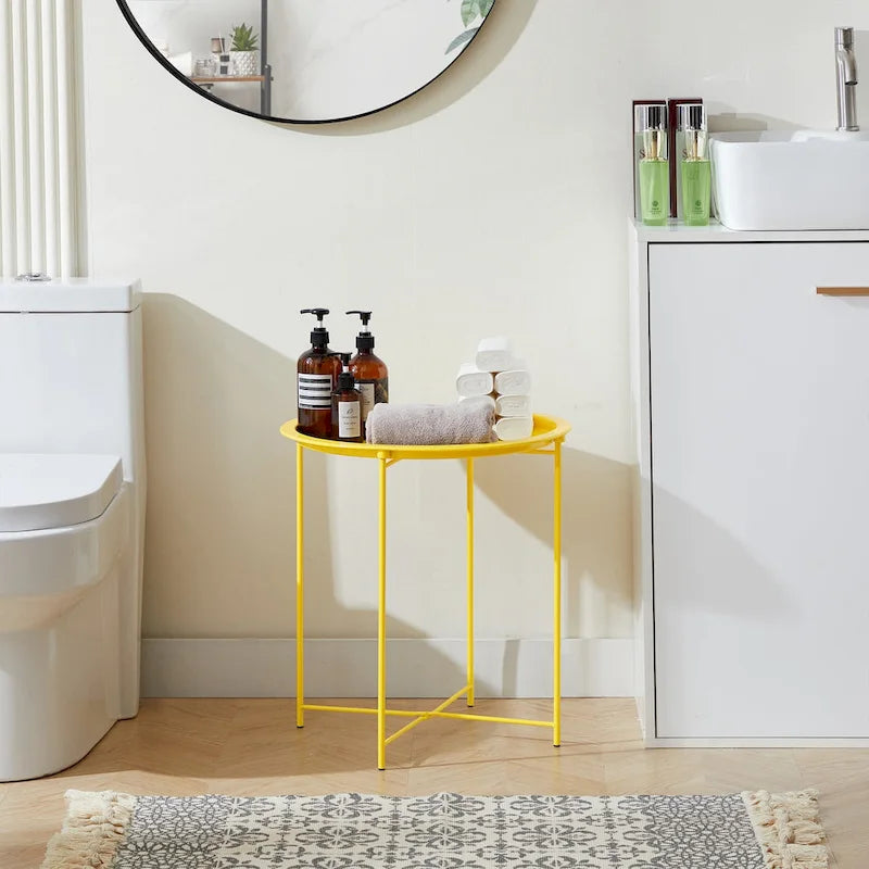 Table d'appoint/de chevet VECELO, ronde et pliante, en métal antirouille et imperméable, pour salon, chambre ou table de nuit.-16