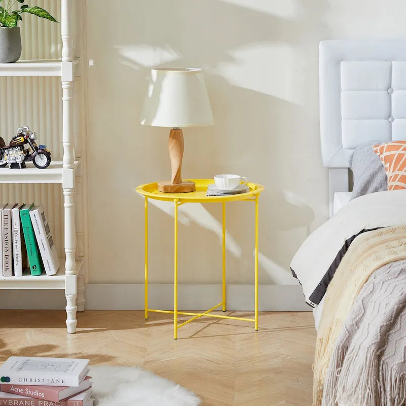 Table d'appoint/de chevet VECELO, ronde et pliante, en métal antirouille et imperméable, pour salon, chambre ou table de nuit.-17