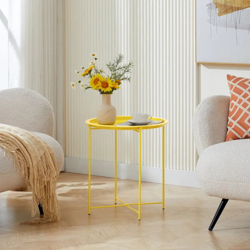 Table d'appoint/de chevet VECELO, ronde et pliante, en métal antirouille et imperméable, pour salon, chambre ou table de nuit.-18