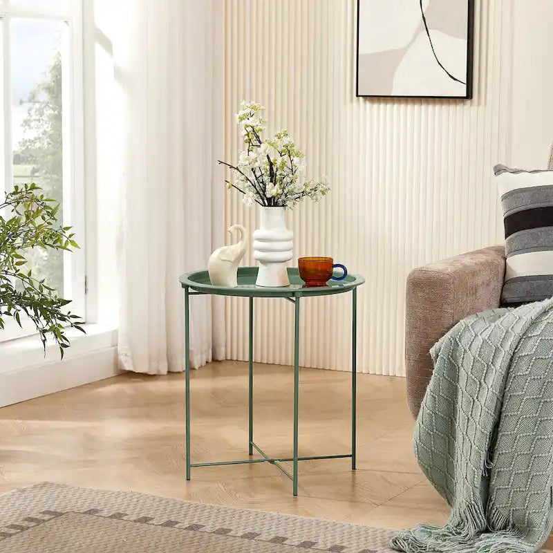 Table d'appoint/de chevet VECELO, ronde et pliante, en métal antirouille et imperméable, pour salon, chambre ou table de nuit.-22