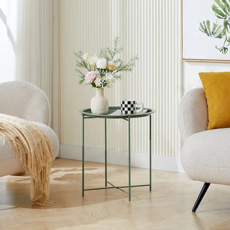 Table d'appoint/de chevet VECELO, ronde et pliante, en métal antirouille et imperméable, pour salon, chambre ou table de nuit.-28