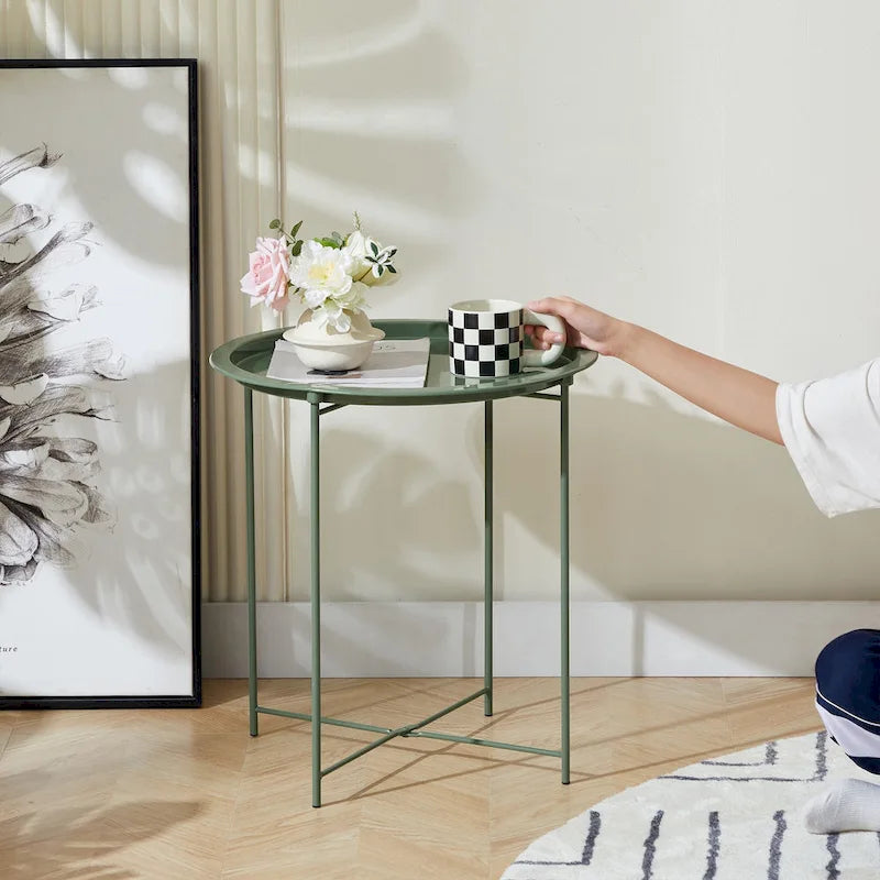 Table d'appoint/de chevet VECELO, ronde et pliante, en métal antirouille et imperméable, pour salon, chambre ou table de nuit.-30