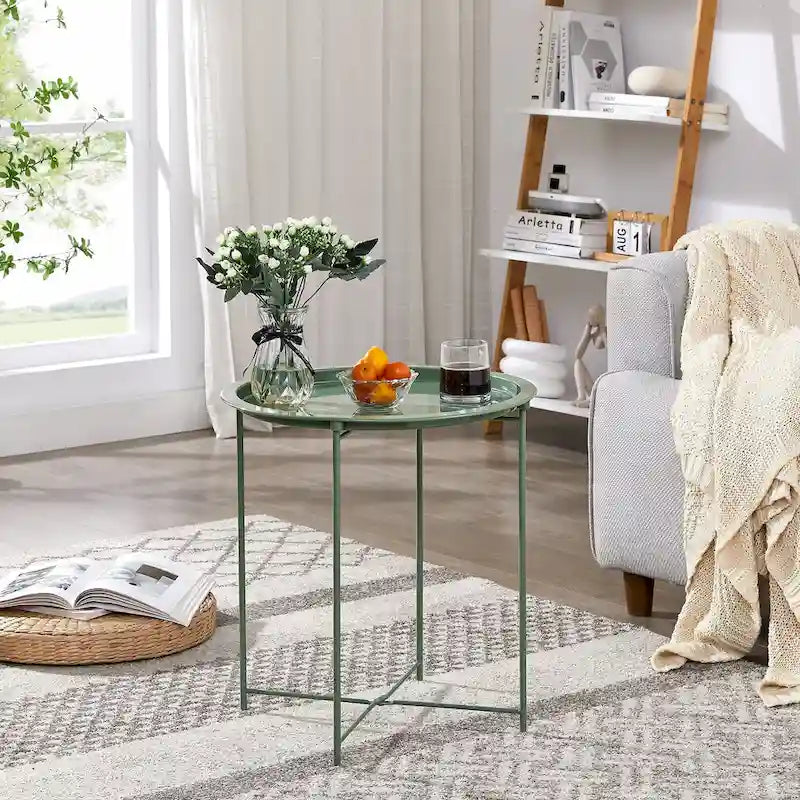 Table d'appoint/de chevet VECELO, ronde et pliante, en métal antirouille et imperméable, pour salon, chambre ou table de nuit.-31