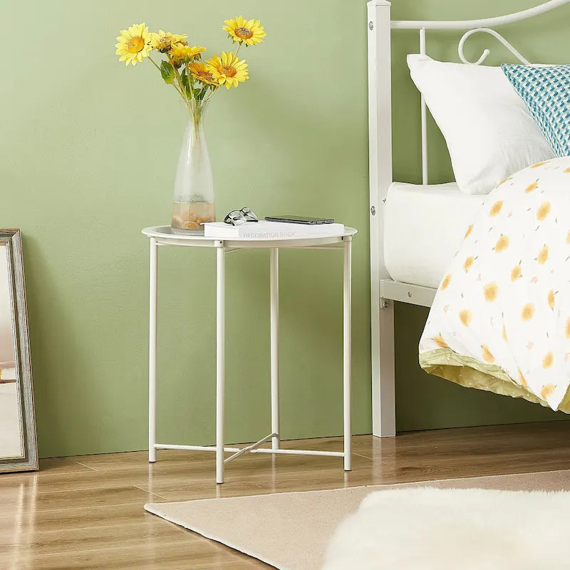 Table d'appoint/de chevet VECELO, ronde et pliante, en métal antirouille et imperméable, pour salon, chambre ou table de nuit.-35
