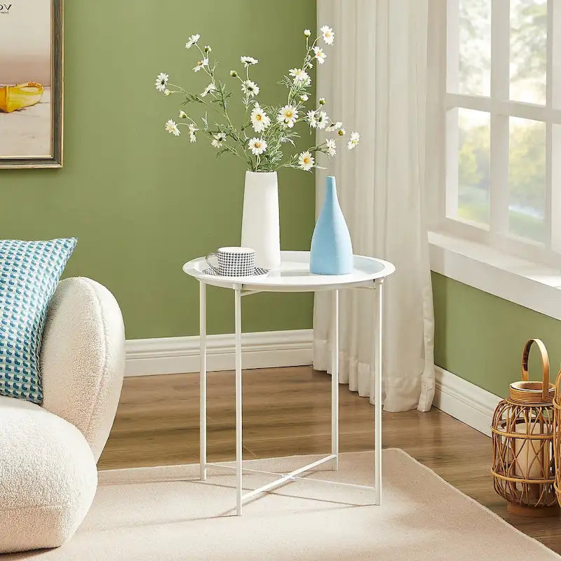 Table d'appoint/de chevet VECELO, ronde et pliante, en métal antirouille et imperméable, pour salon, chambre ou table de nuit.-36