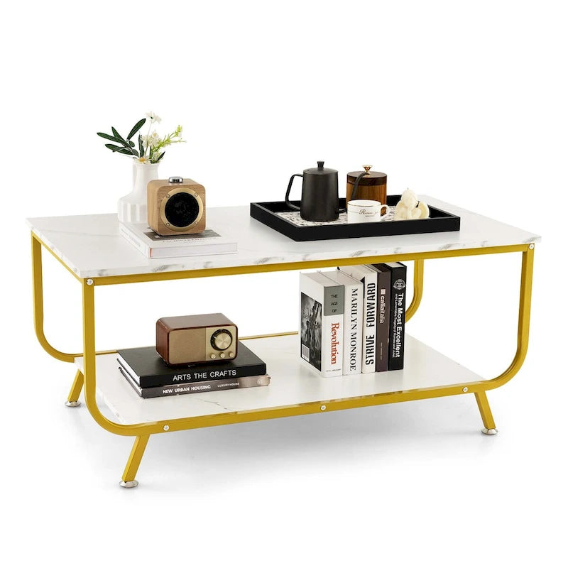 Table basse Costway à 2 niveaux en marbre moderne avec rangement - Voir les détails-9