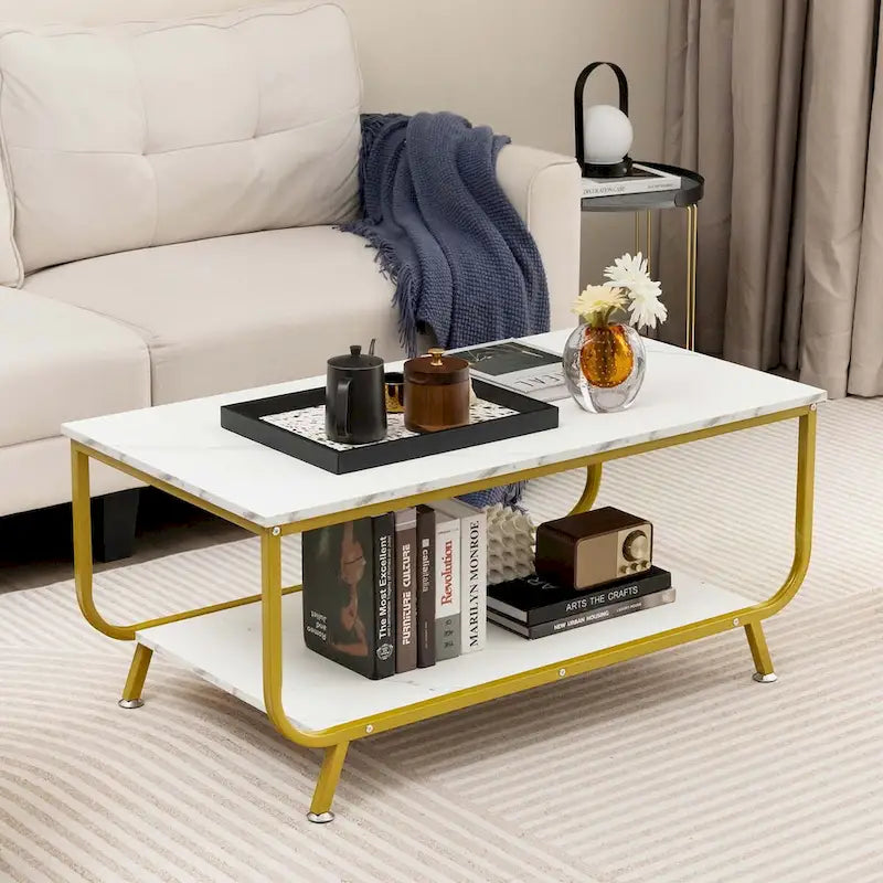 Table basse Costway à 2 niveaux en marbre moderne avec rangement - Voir les détails-2