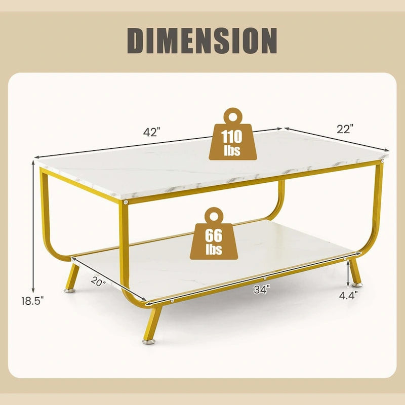 Table basse Costway à 2 niveaux en marbre moderne avec rangement - Voir les détails-3