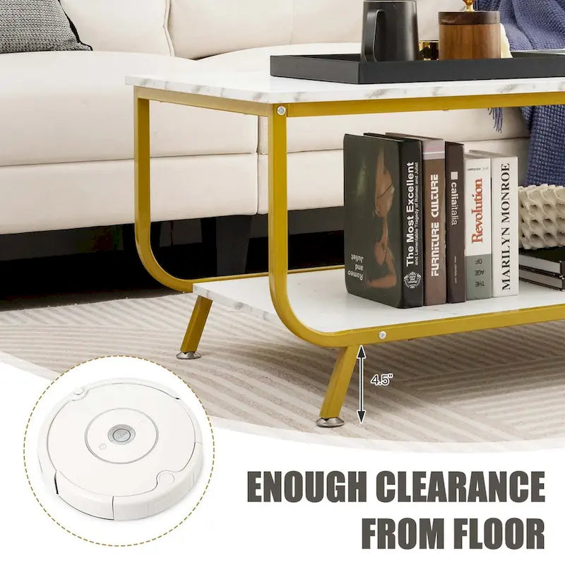Table basse Costway à 2 niveaux en marbre moderne avec rangement - Voir les détails-4