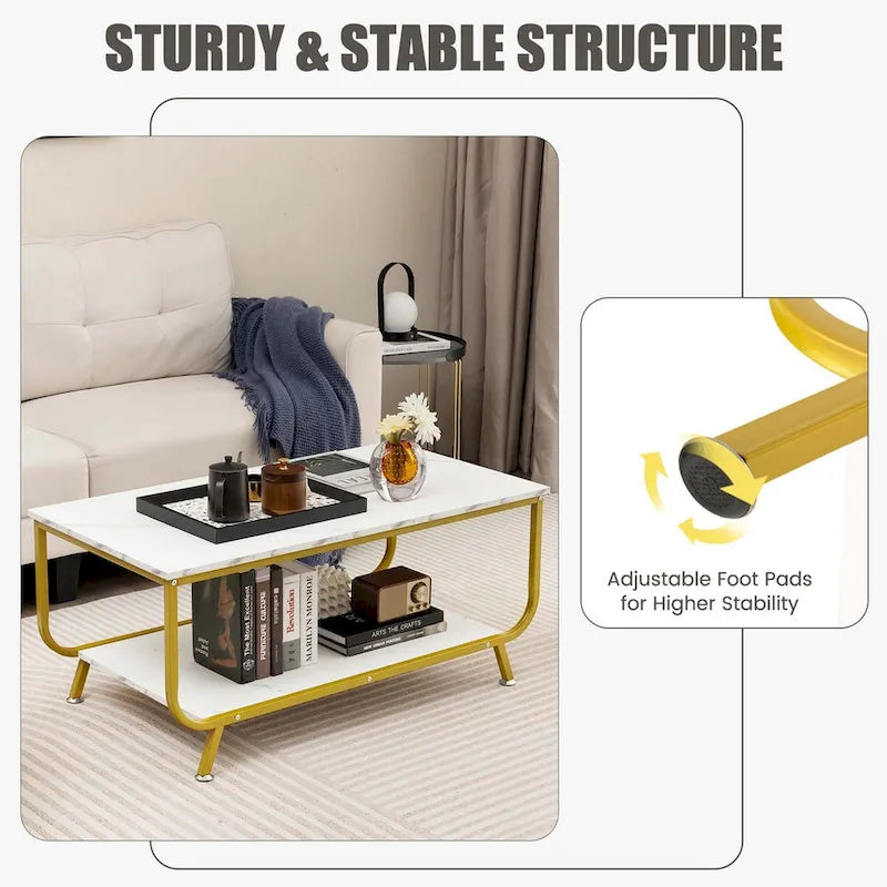 Table basse Costway à 2 niveaux en marbre moderne avec rangement - Voir les détails-5