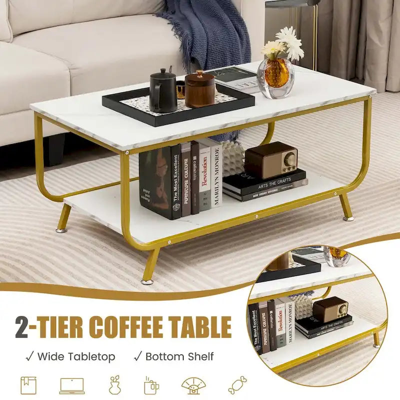 Table basse Costway à 2 niveaux en marbre moderne avec rangement - Voir les détails-6