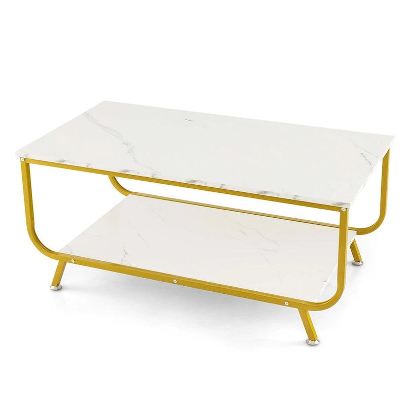 Table basse Costway à 2 niveaux en marbre moderne avec rangement - Voir les détails-8