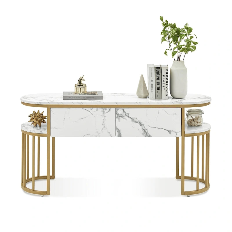 Table console Ivinta blanche, plateau moderne imitation marbre, structure en métal doré-16