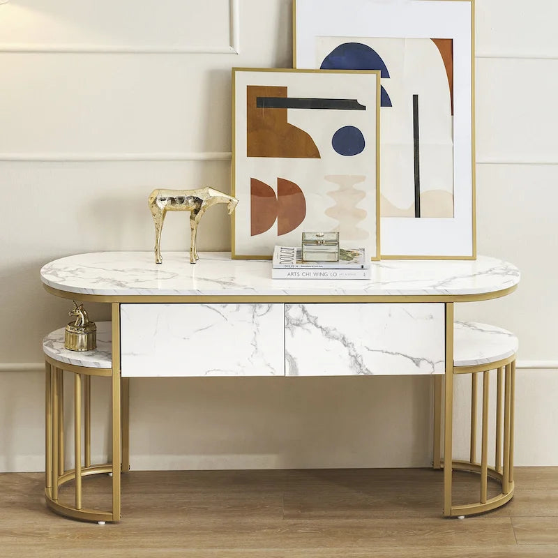 Table console Ivinta blanche, plateau moderne imitation marbre, structure en métal doré-2