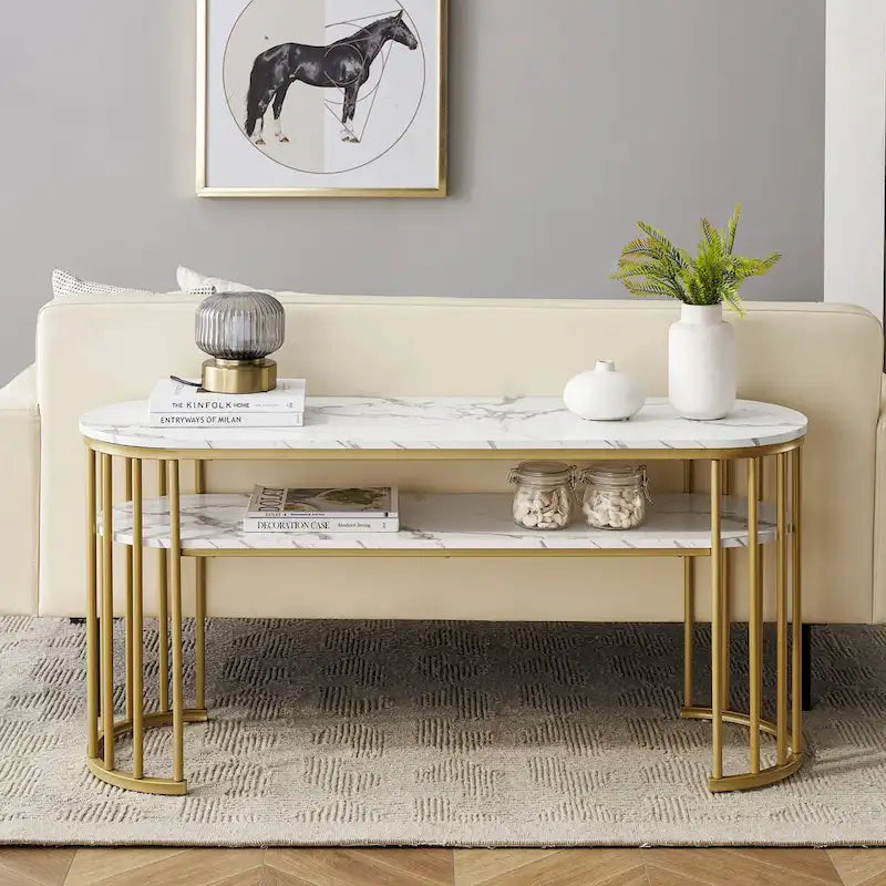 Table console Ivinta blanche, plateau moderne imitation marbre, structure en métal doré-4