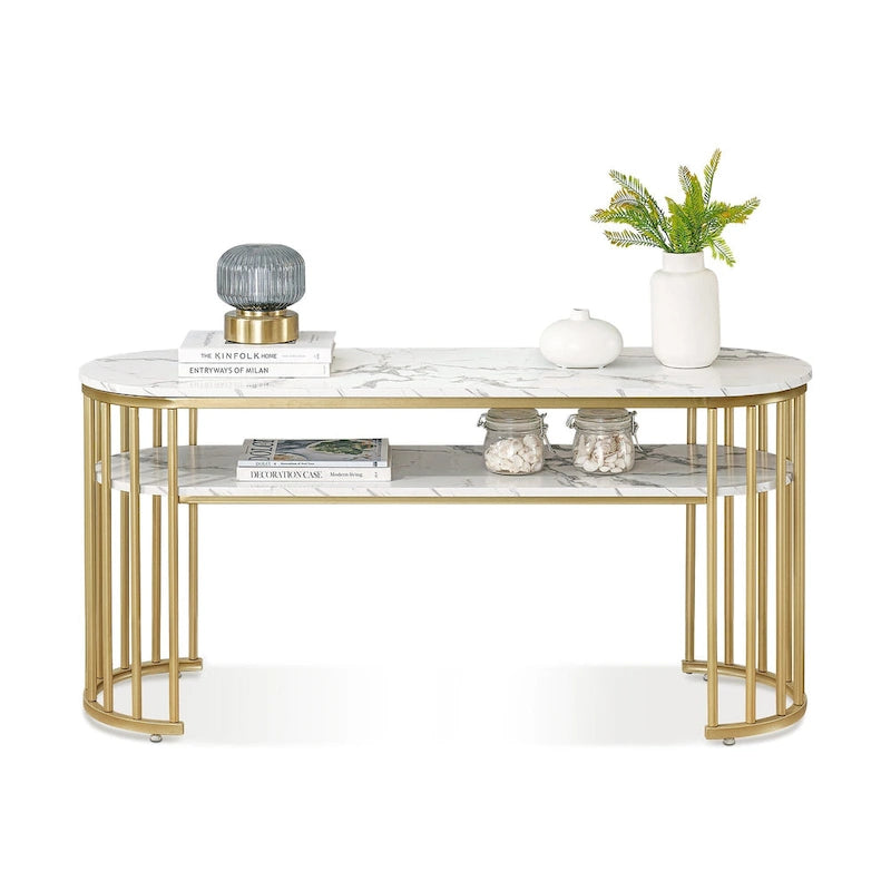 Table console Ivinta blanche, plateau moderne imitation marbre, structure en métal doré-5