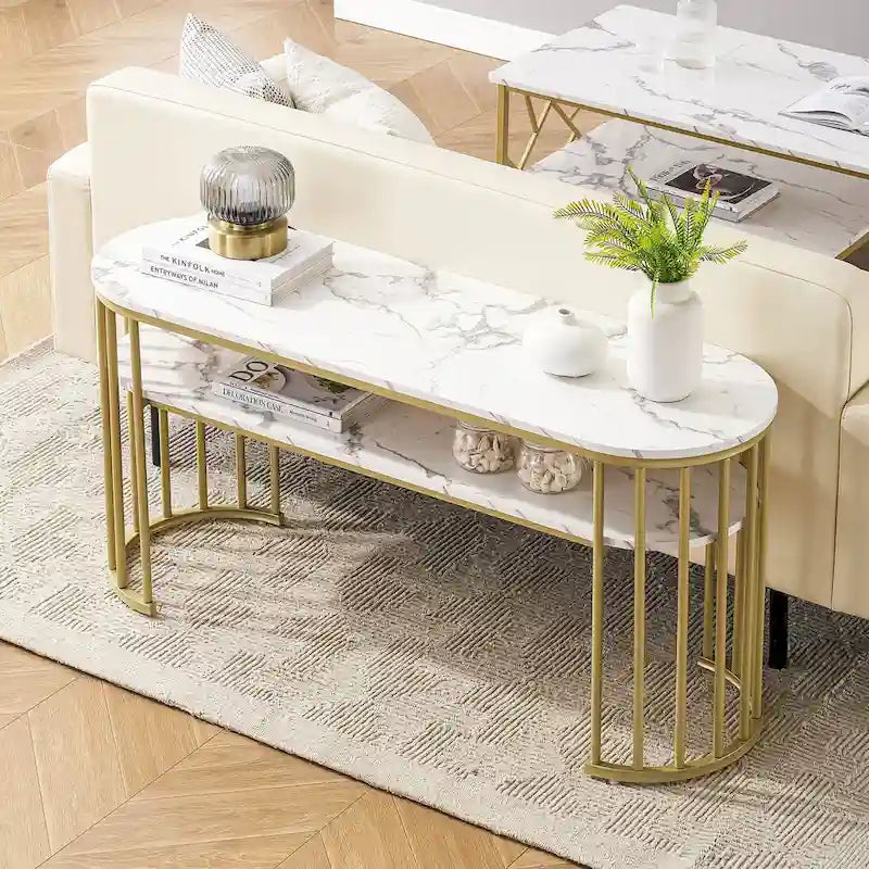 Table console Ivinta blanche, plateau moderne imitation marbre, structure en métal doré-6