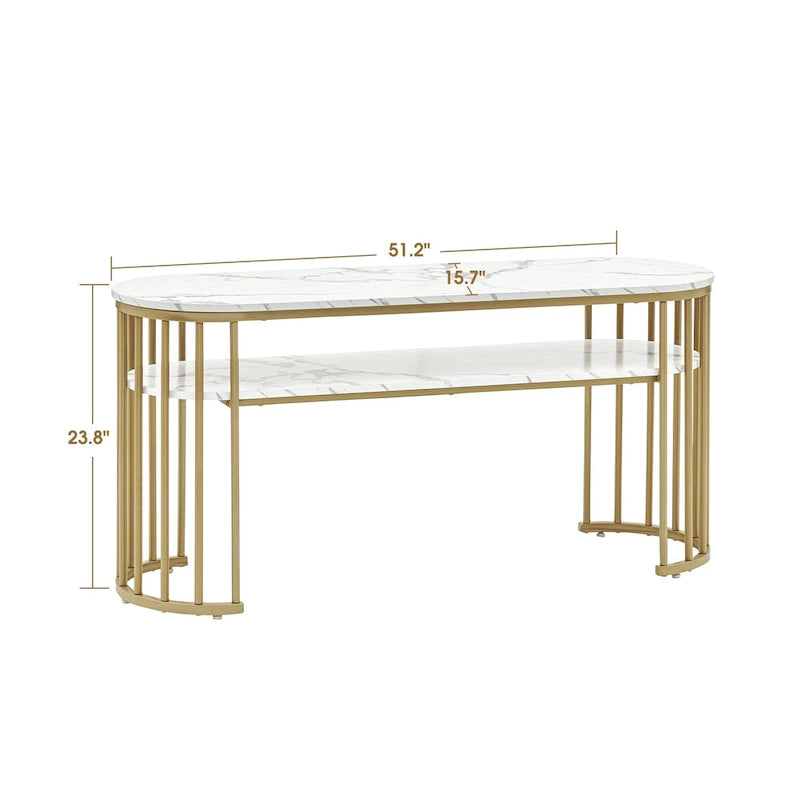 Table console Ivinta blanche, plateau moderne imitation marbre, structure en métal doré-7