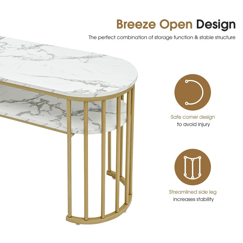Table console Ivinta blanche, plateau moderne imitation marbre, structure en métal doré-8