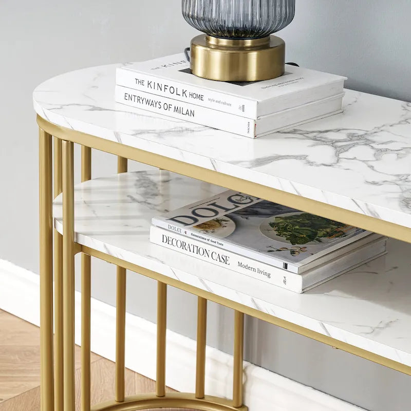 Table console Ivinta blanche, plateau moderne imitation marbre, structure en métal doré-9