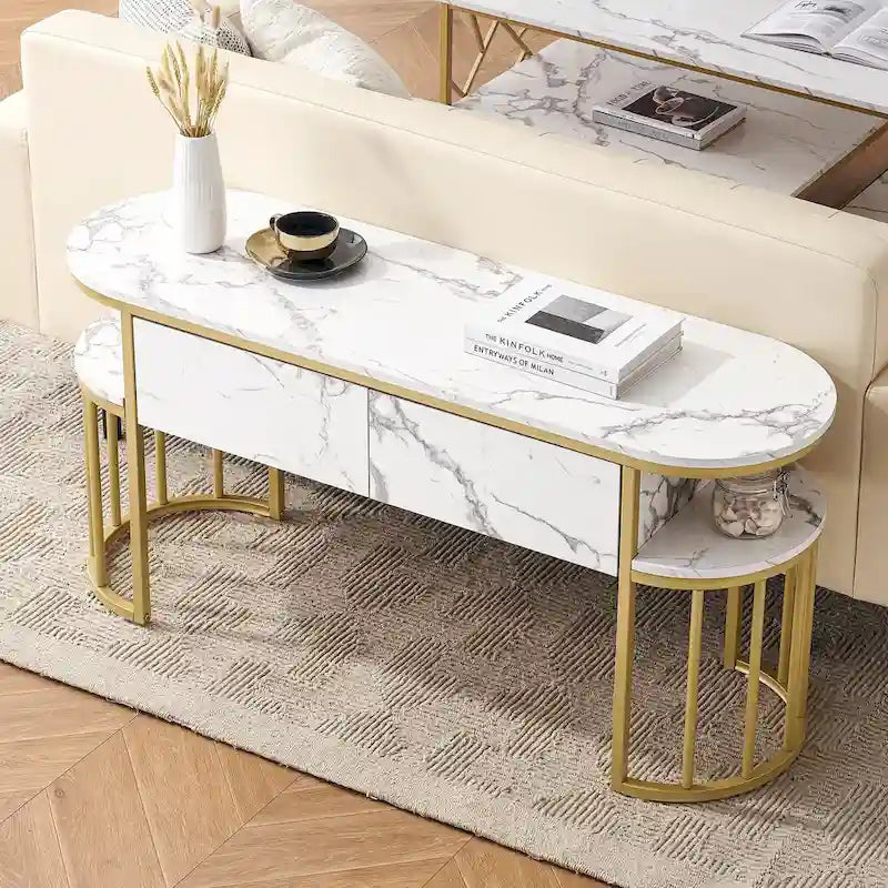 Table console Ivinta blanche, plateau moderne imitation marbre, structure en métal doré-12