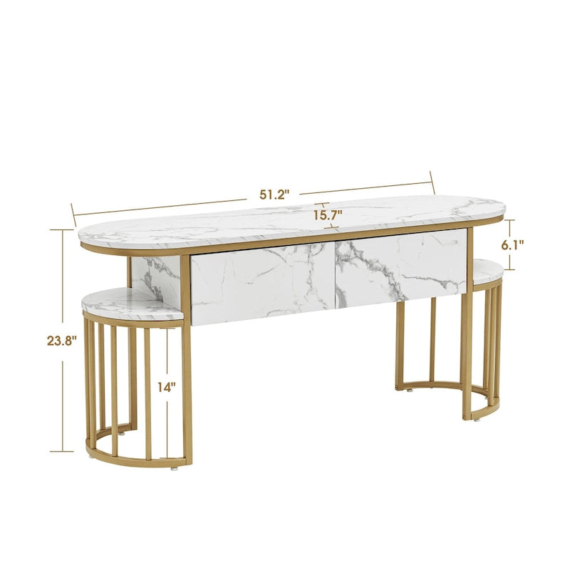 Table console Ivinta blanche, plateau moderne imitation marbre, structure en métal doré-13