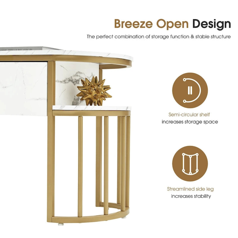 Table console Ivinta blanche, plateau moderne imitation marbre, structure en métal doré-14