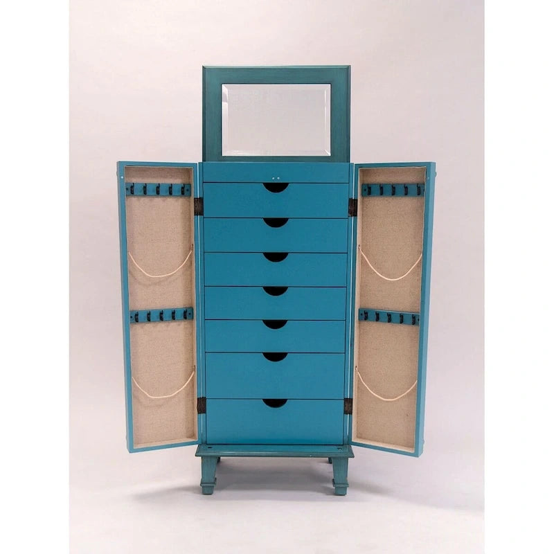 Armoire à bijoux vintage turquoise peinte à la main avec poignées de tiroir antiques - 35 x 48 x 102 cm-3