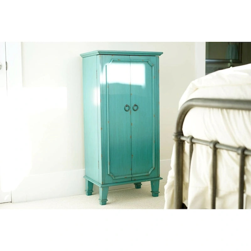Armoire à bijoux vintage turquoise peinte à la main avec poignées de tiroir antiques - 35 x 48 x 102 cm-5