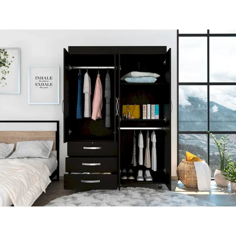 Armoire mobile Denver avec tringles, meuble à double porte, 3 tiroirs et 2 étagères - Non disponible-4