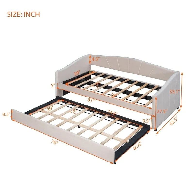 Canapé-lit de jour rembourré, format simple, avec lit gigogne et sommier à lattes en bois-2