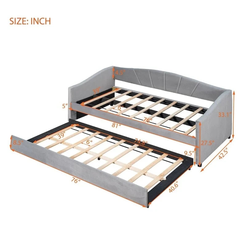 Canapé-lit de jour rembourré, format simple, avec lit gigogne et sommier à lattes en bois-10