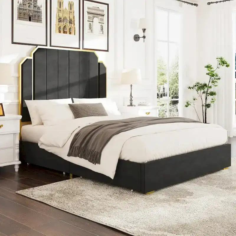 Cadre de lit rembourré Queen Size avec tête de lit de 150 cm et garniture dorée-22