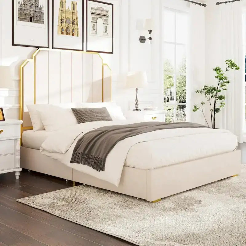 Cadre de lit rembourré Queen Size avec tête de lit de 150 cm et garniture dorée-23