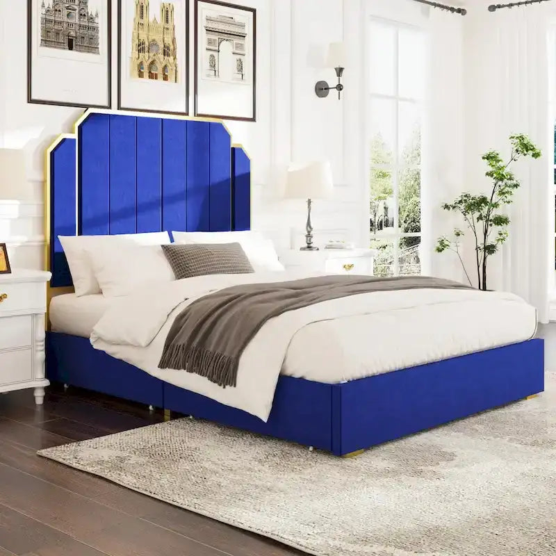 Cadre de lit rembourré Queen Size avec tête de lit de 150 cm et garniture dorée-24