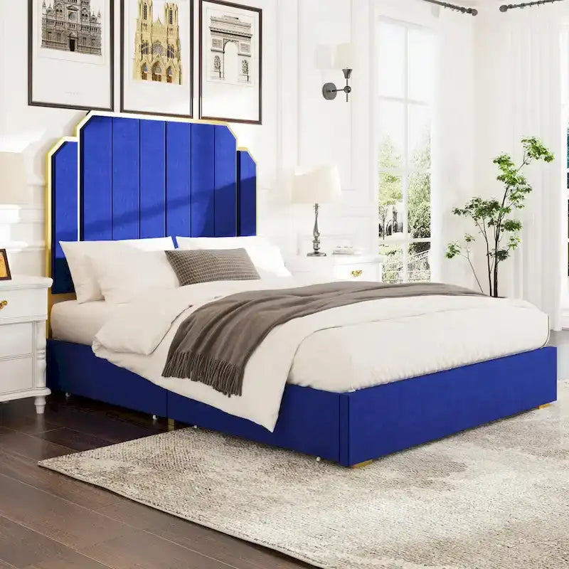 Cadre de lit rembourré Queen Size avec tête de lit de 150 cm et garniture dorée-2