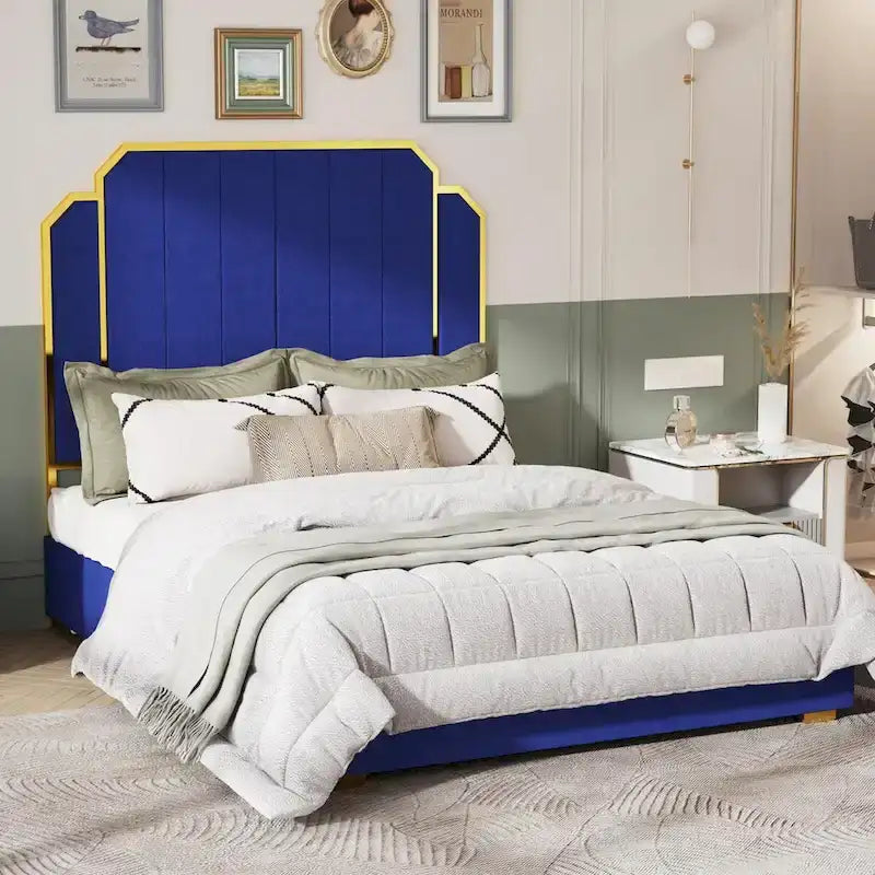 Cadre de lit rembourré Queen Size avec tête de lit de 150 cm et garniture dorée-4
