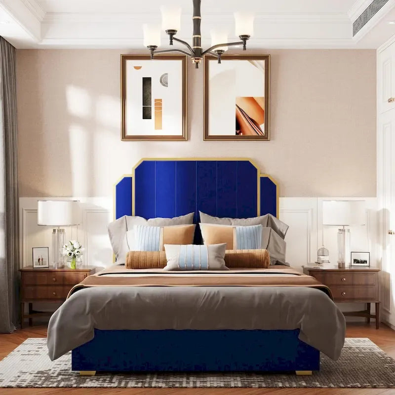 Cadre de lit rembourré Queen Size avec tête de lit de 150 cm et garniture dorée-5