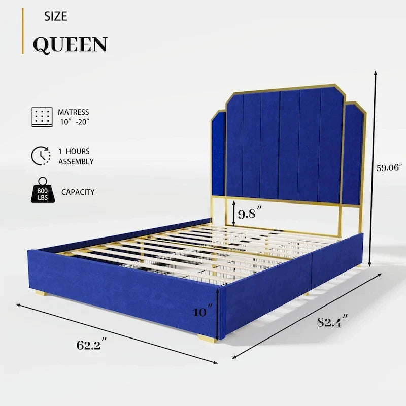 Cadre de lit rembourré Queen Size avec tête de lit de 150 cm et garniture dorée-6