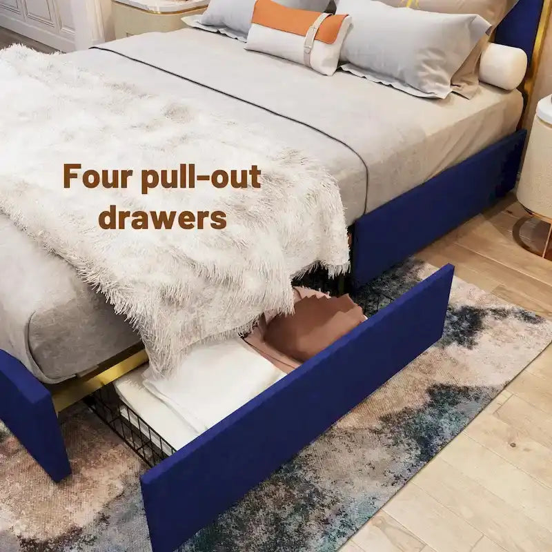 Cadre de lit rembourré Queen Size avec tête de lit de 150 cm et garniture dorée-9
