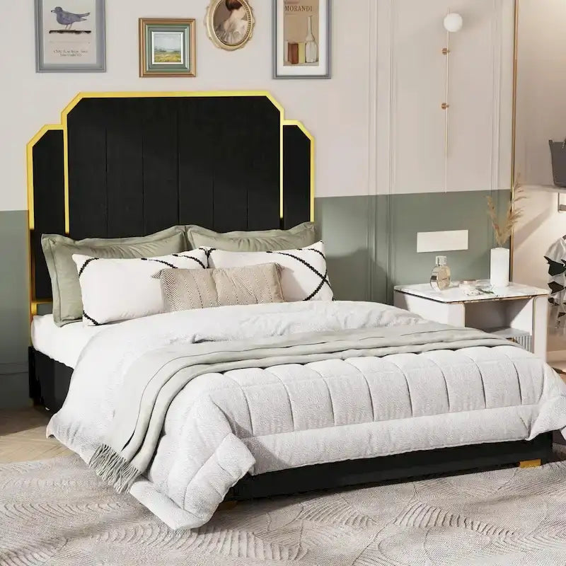 Cadre de lit rembourré Queen Size avec tête de lit de 150 cm et garniture dorée-10