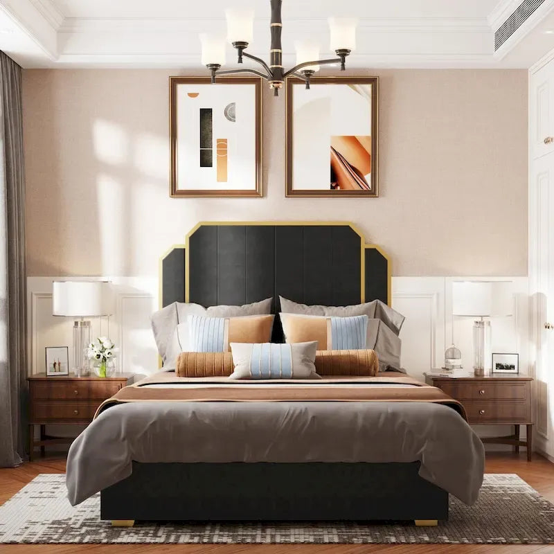 Cadre de lit rembourré Queen Size avec tête de lit de 150 cm et garniture dorée-11