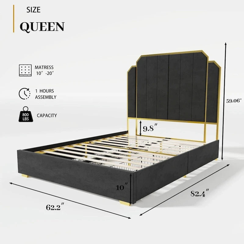 Cadre de lit rembourré Queen Size avec tête de lit de 150 cm et garniture dorée-12