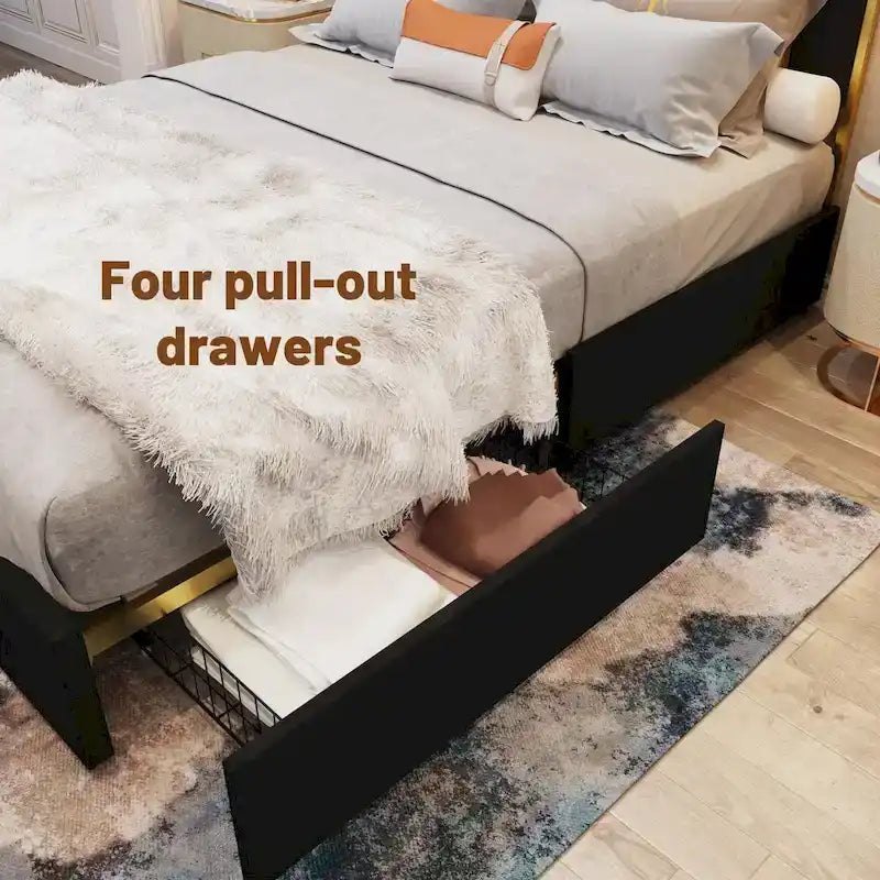 Cadre de lit rembourré Queen Size avec tête de lit de 150 cm et garniture dorée-15