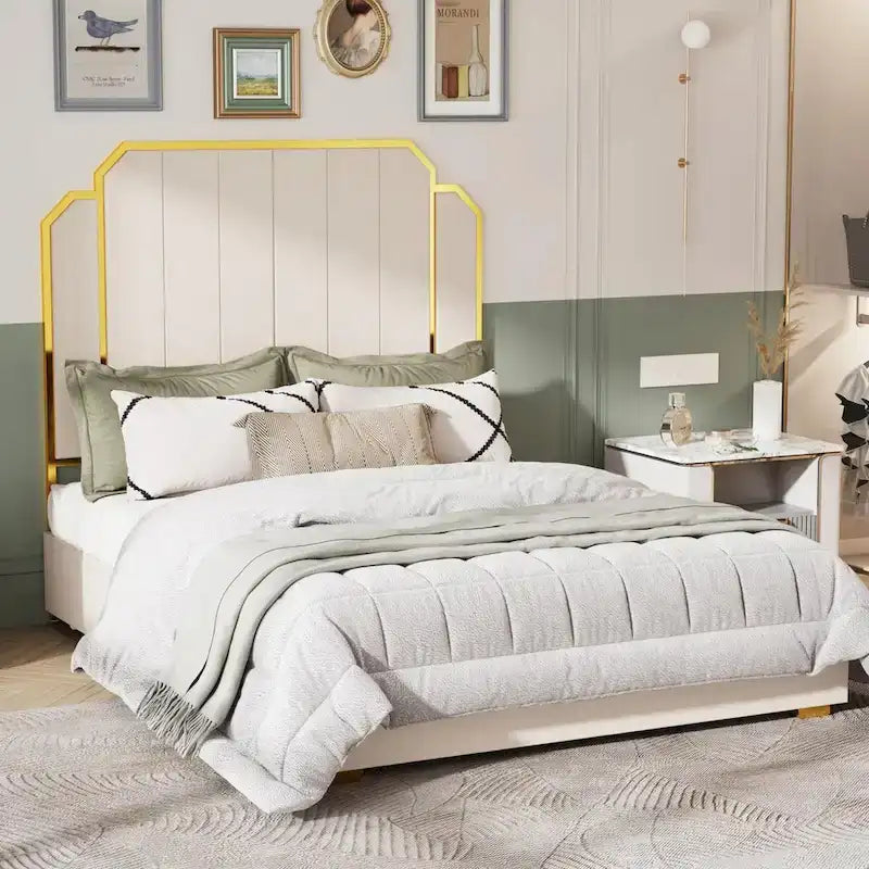 Cadre de lit rembourré Queen Size avec tête de lit de 150 cm et garniture dorée-16