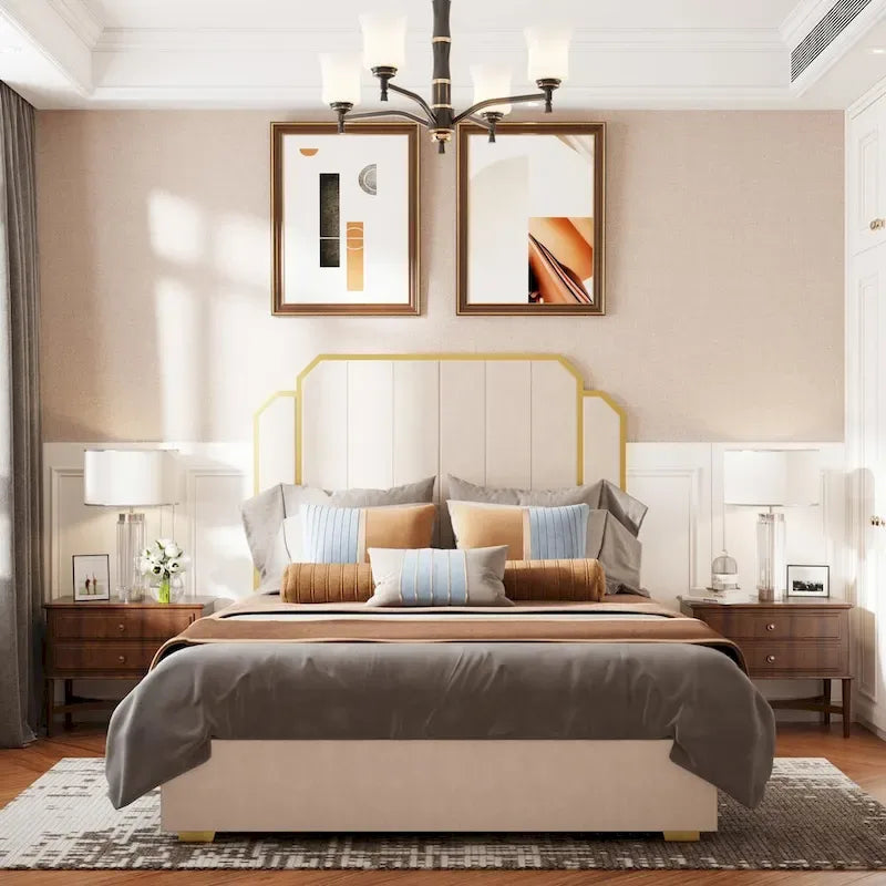 Cadre de lit rembourré Queen Size avec tête de lit de 150 cm et garniture dorée-17