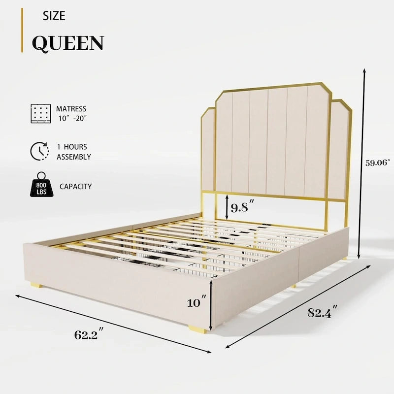 Cadre de lit rembourré Queen Size avec tête de lit de 150 cm et garniture dorée-18