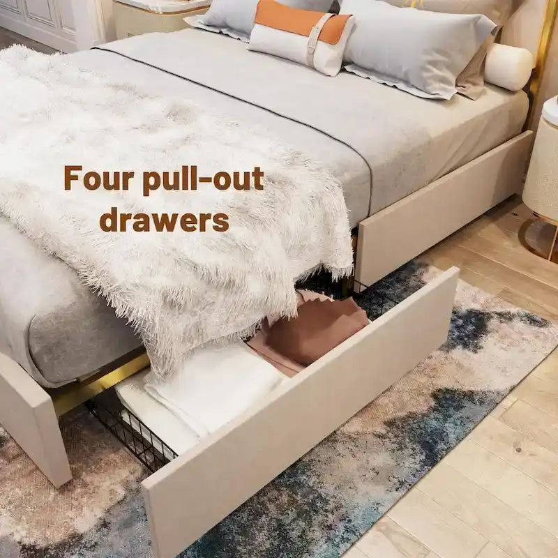 Cadre de lit rembourré Queen Size avec tête de lit de 150 cm et garniture dorée-21